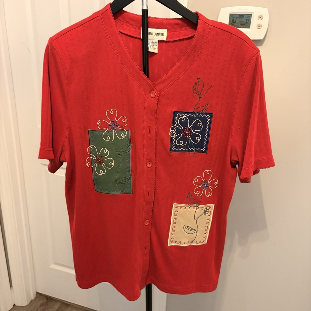 VTG Alfred Dunner L Red Embroidered Floral Patchwork S/S Cardigan Retro Teacher